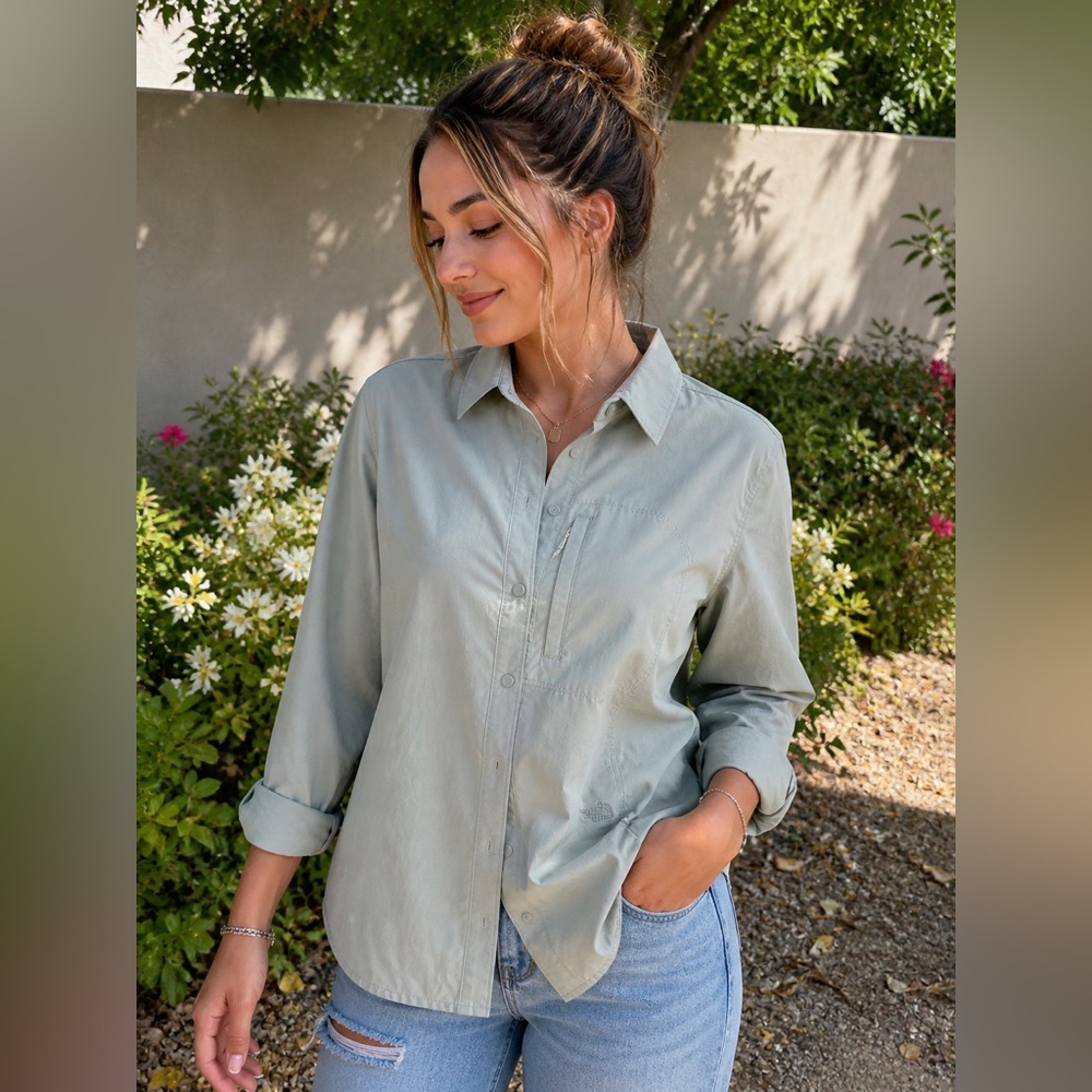 The North Face Button Up Shirt Women Medium Green Outdoor